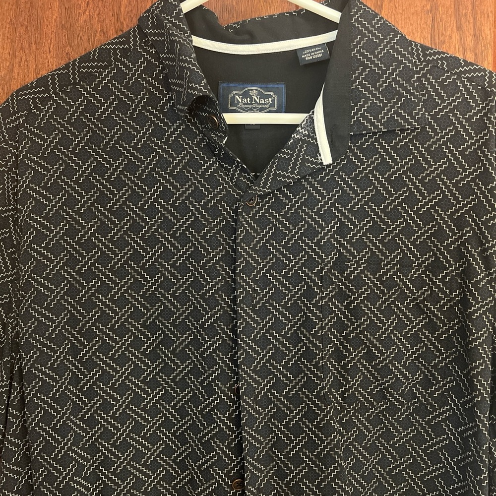 Nat Nast Men Shirt Silk Blend Short Sleeve Button Geometric Black White Blue Med